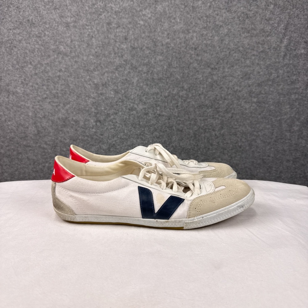 Veja Volley Sneakers Mens 12 White Canvas Navy Blue Logo Red Heel‎ Low Top